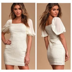 Lulu’s Cream Lace Puff Sleeve Bodycon Mini Dress
